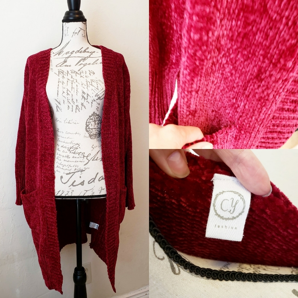 Wine Sweater Cardigan with Pockets, Size M